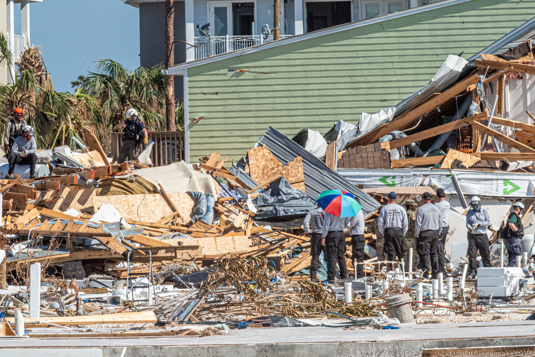 Rescue personnel perform a search in the aftermath of Hurricane Michael in Mexico Beach, Florida, on October 11, 2018.. The strongest storm on record to ever make landfall in Northwest Florida, and the fourth most powerful to ever hit the continental United States.