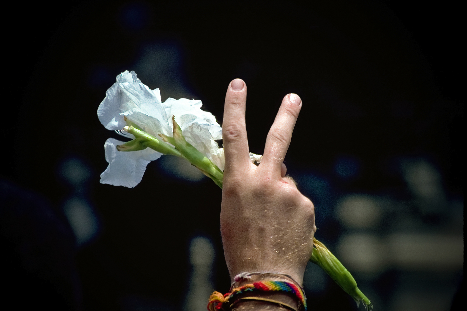 January 6, 1990. Atlanta, GA. A Counter-demonstrator displays the peace sign at rally of the Ku Klux Klan at the Georgia State Capital. KKK members and supporters gathered to protest the holiday honoring Dr. Martin Luther King Jr.